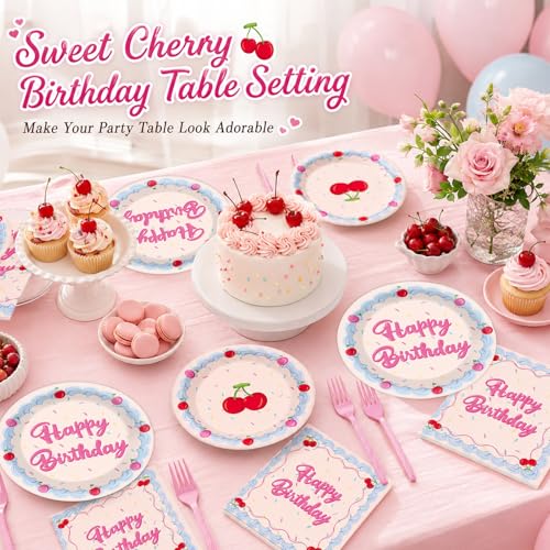 Image of 96pcs Cherry Happy Birthday Party Decoration Pink Cherry Cake Paper Plates and Napkin Blue Cream Border with Rainbow Sprinkles Tableware Set Pink Icing Party Supplies for Girl Women Birthday Serves 24