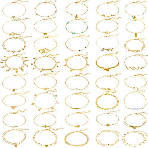 40 Pieces Adjustable Beach Anklets Boho Anklet Bracelets Boho Foot Chains for Women Girls (Gold)
