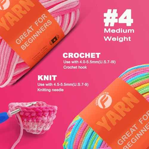 Image of 2 x 3.5Oz /120yds Beginner Easy Yarn for Crocheting and Knitting;Worsted-Weight Medium #4;Cotton Blend Yarn for Beginners Amigurumi DIY(Strawberry+Rainbow)