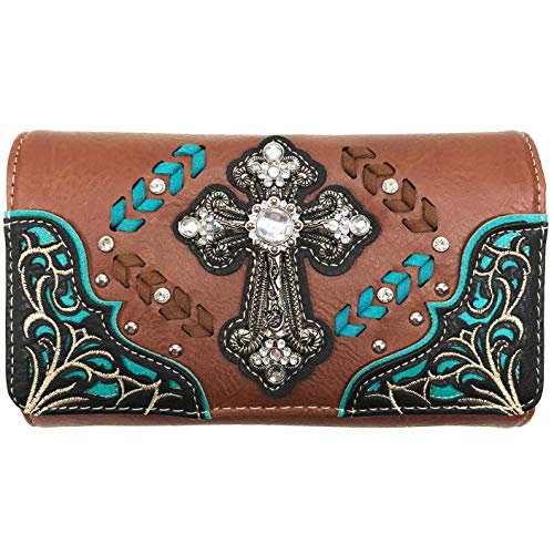 Zelris Western Country Cross Chevron Design Crossbody Trifold Wallet