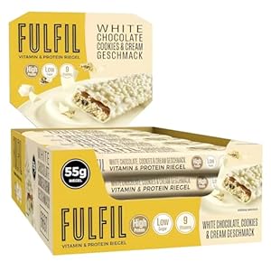 FULFIL Vitamin- und Protein-Riegel White Chocolate, Cookies und Cream Geschmack – High Protein, Low Sugar Snack mit weißer Schokolade und Vitaminen – 15 x 55 g