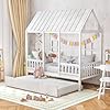 Giantex Twin House Bed with Trundle Kids Bed Frame with 82 Tall Roof Windows and Guardrail Wooden Playhouse Bed for Teens Boys Girls Bedroom No Box Spring Needed Free to Decorate White
