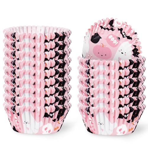 JarThenaAMCS 300Pcs Halloween Cupcake Liner Pink Boo Ghost Baking Cup Paper Muffin Cupcake Wrapper for Trick or Treat Party Supplies