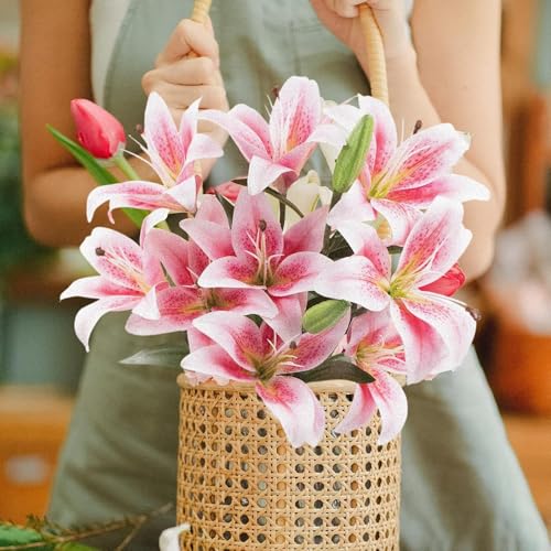 Image of CURATED CART 2 Pcs Lily Artificial Flowers Bunch for Home Decoration - Big Lilys Bouquet for Home Decor - Real Touch Faux Latex Long Stem - Includes 6 Lily Flowers and 10 Half Bloom Buds-Pink Colour