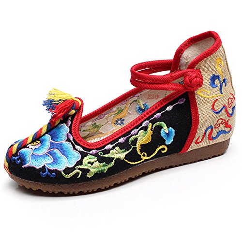 Qhome Women's Floral Embroidery Ethnic Style Strappy Comfortable Casual Walking Canvas Mary Jane Flat Shoes