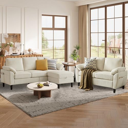 Image of 79.72 inch 3 Piece Corduroy Sofa Set with Storage Ottoman & Loveseat, L Shaped Sectional Couch with Side Pockets, Convertible Living Room Furniture Set for Small Space