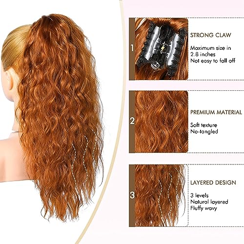 PORSMEER Ponytail Extension,Claw Clip Ponytail Hair Extensions Copper Orange Natural Looking Long Curly Wavy Multi Layered Fluffy Synthetic Hairpiece for Women Girls Party Daily Wear 18inch - Image 3