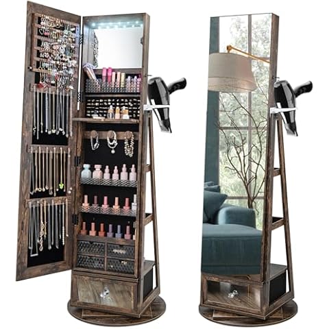 CHARMAID 360° Swivel Jewelry Cabinet Armoire 64.5" H, Full Length Mirror with Jewelry Storage, 6 LEDs Lockable Jewelry Organizer, Rear Storage Shelves, Large Drawer, Hairdryer Holder (Rustic Brown) Cover