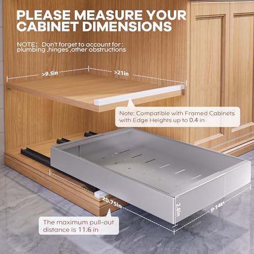 2 Pack Expandable Width (9"-14.1") Pull Out Cabinet Organizer 21" Deep with Raising Pad for Framed Cabinets, Upgrade 3 Slide Rails Slide Out Drawers, Roll Out Shelves Adhesive, Silver