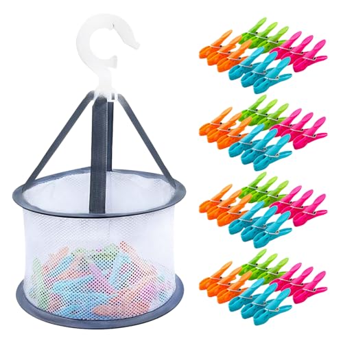 Mollette Bucato con Cestino, 48Pcs mollette per bucato, Mollette per Bucato Antiscivolo, Mollette di Plastica Colorate, Forte Forza di Serraggio, Ottimo per Calze, Asciugamani, Vestiti