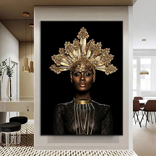 Toile peinture femme noire or pour habiller un grand mur vide de salon avec cadre intérieur