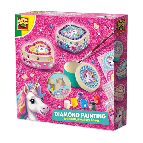 Ses Creative | Diamond Painting Licorne | Coffret Créatif Enfant | 3 Boîtes À Bijoux Bois Formes Variées | Peinture + Stickers + Diamants | Jouet 100%...
