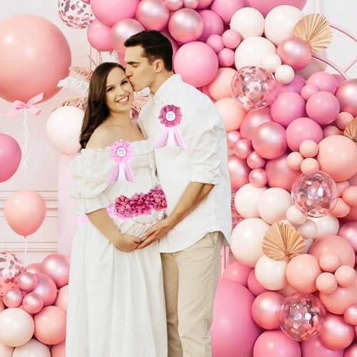 Image of Dusty Pink Baby Shower Sash and Pins Set - Dusty Pink Flower Baby Shower Belly Belt and Mom to Be & Dad to Be Corsage Pins, New Parents Pregnancy Photo Props Party Supplies