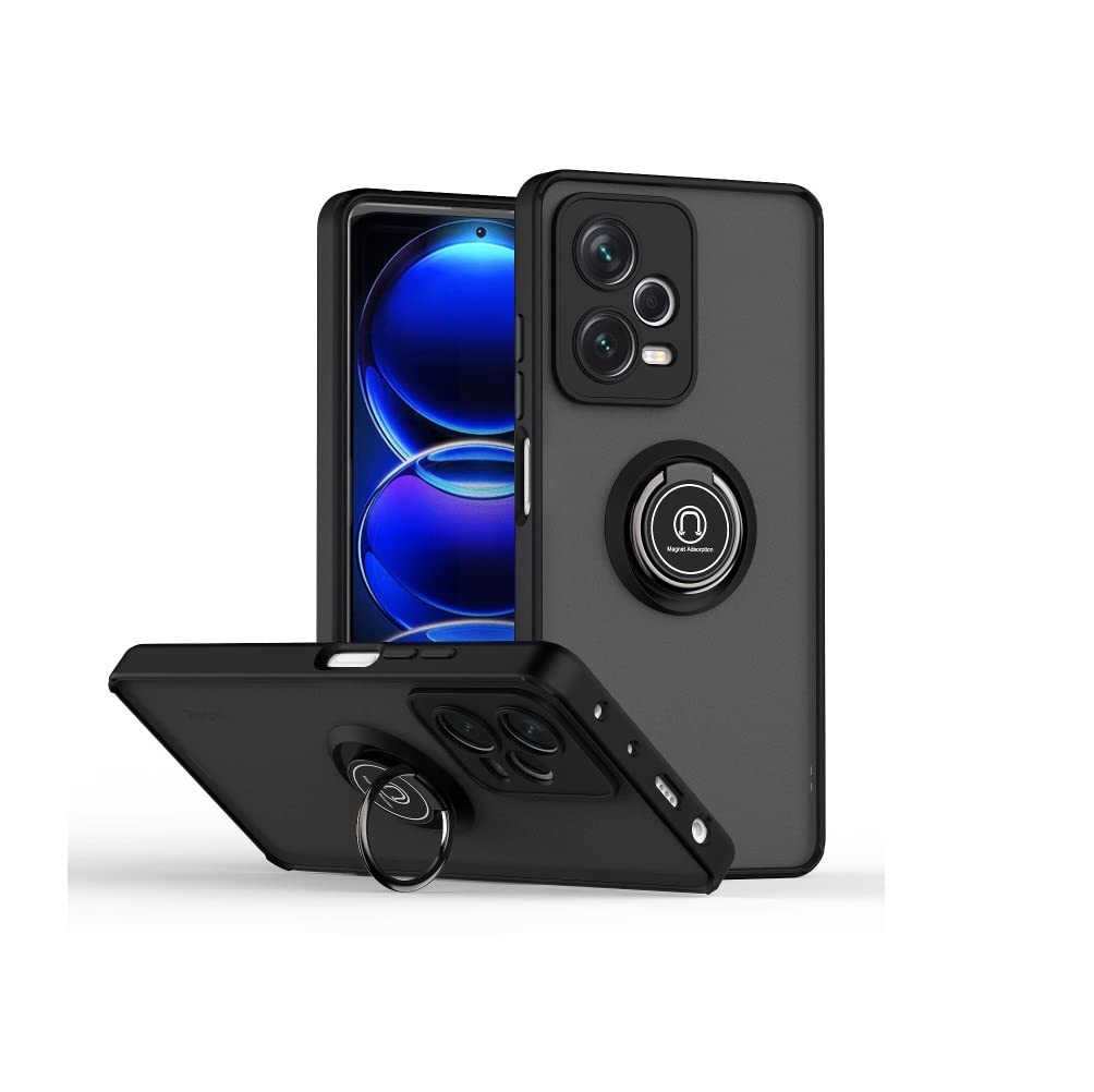 Case Designed For Xiaomi Redmi Note 12 Pro, Camera Protection Thin Translucent Shockproof Matte Back Cover with 360 rotational Car Mount Magnetic Ring Holder Case For Redmi Note 12 Pro (Black)