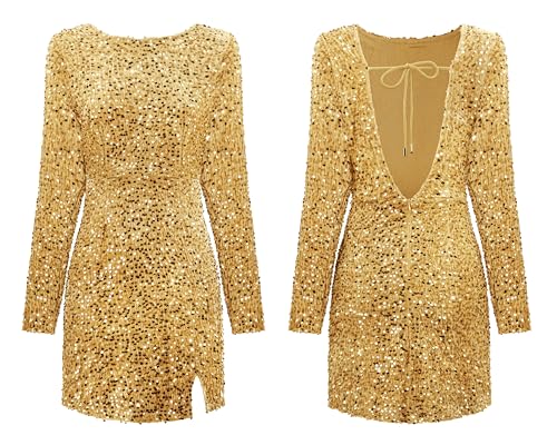 Image of R.Vivimos Women's Sequin Bodycon Dress Fall Winter Velvet Warm Long Sleeve Crew Neck Sexy Backless Glitter Slit Mini Dress