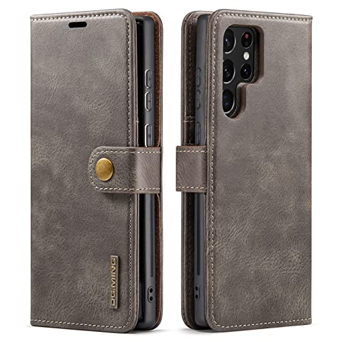 Étui portefeuille amovible Samsung Galaxy S22 Ultra cuir véritable béquille antichoc gris
