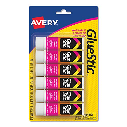 AVERY Glue Stick White, 0.26 oz., Washable, Nontoxic, Permanent Glue, 6 Glue Stics (98095) 1 AVERY-Glue-Stick-White-026-oz-Washable-Nontoxic-Permanent-Glue-6-Glue-Stics-98095