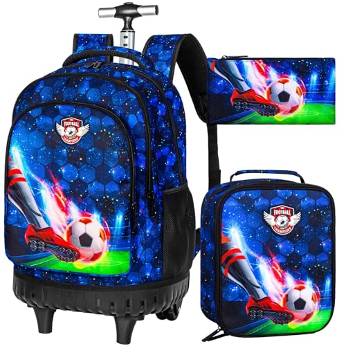 3PCS Rolling Backpack for Boys, 21 Inch Dinosaur Roller School Bookbag with Lunch Bag, Water Resistant Wheeled Backpacks for Teens Boys Elementary Travel