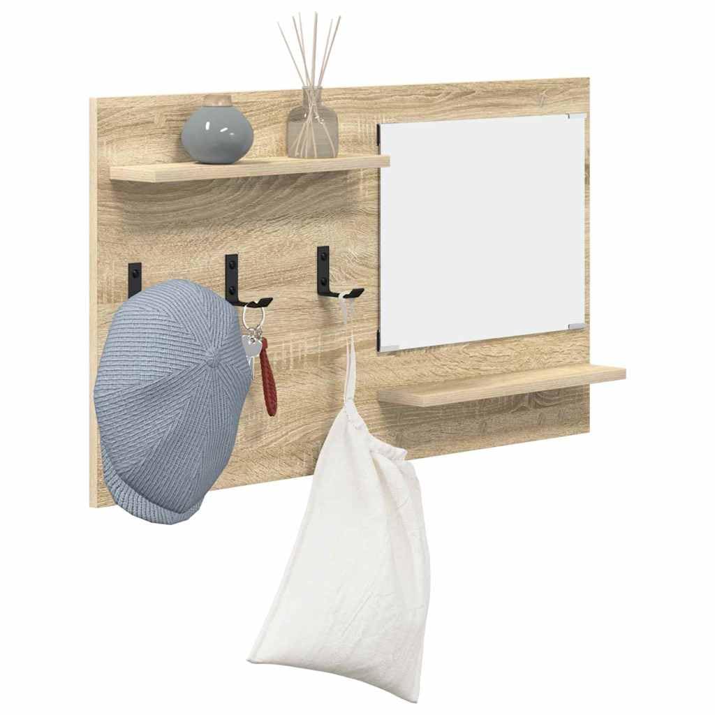 Sonoma Oak Wall Mounted Shelf with Mirror and Hooks | Made of engineered wood measuring 35.4x3.9x19.7 inches, featuring 2 storage ledges for entryway or bathroom organization.