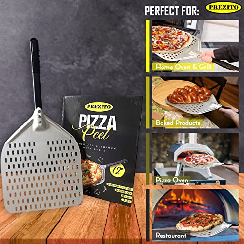 Prezito Perforated Pizza Peel 12 Inch, Non-Stick And Durable Aluminum Metal Pizza Peel With 12” Long Insulated Silicone Handle - 12” X 14”, 26 Inch Overall #TOP4