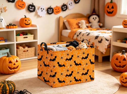 Image of Halloween Basket Cute Baskets for Kids Pumpkin Basket Rectangular Storage Bin Organizer Box Room Decor(Yellow Spider Web)