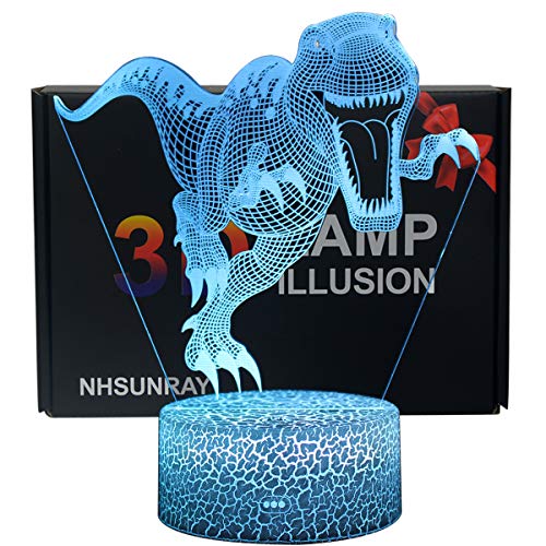 NHSUNRAY Dinosaure Nuit Lumière 3D Dinosaure Illusion Lampe 7 Couleurs Changer Décor lampe avec USB Actionné Tactile Veilleuses pour Enfants Garçons et Filles Cadeaux D'anniversaire (D1)