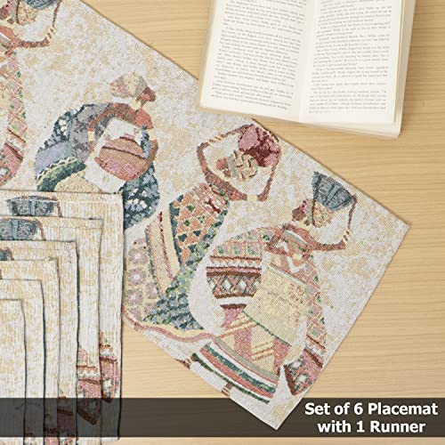 Image of HOKIPO Dining Table Placemats 6 Pieces with Runner (IN530-D3*6+IN531) Multicolor Tribal Women