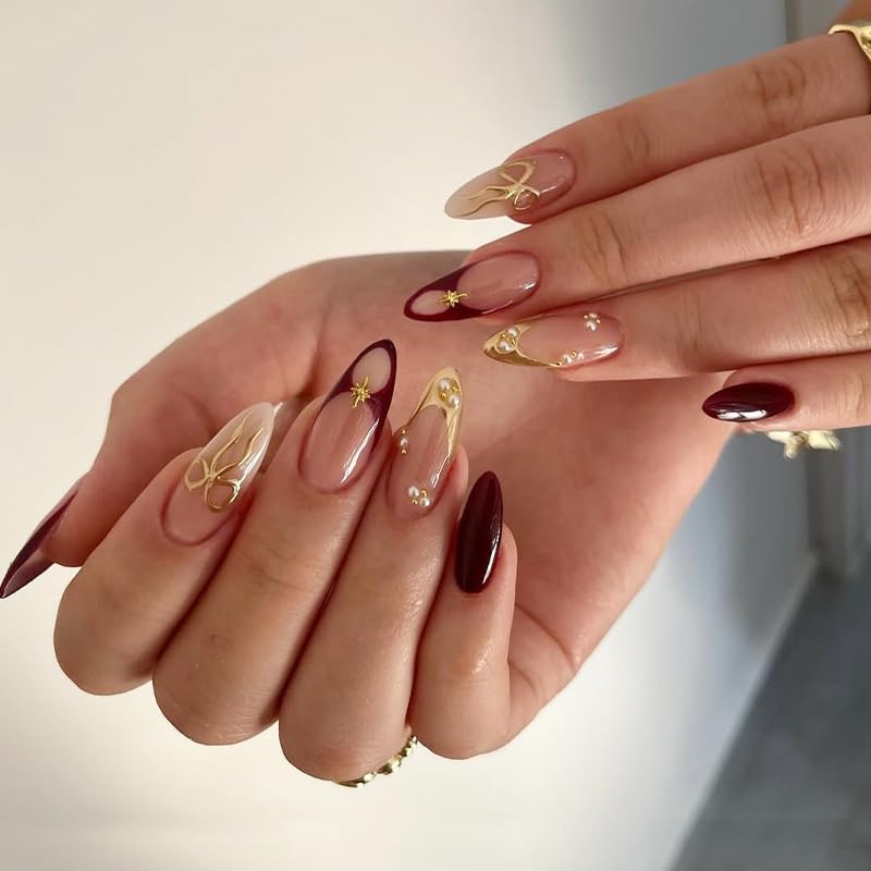 24 Pcs Press On Nails for Women | Nude & Wine Glossy Artificial False Nails with Gold Bow Star Design | Reusable Stick On Nails Set | Salon Finish Nail Extensions-image-5