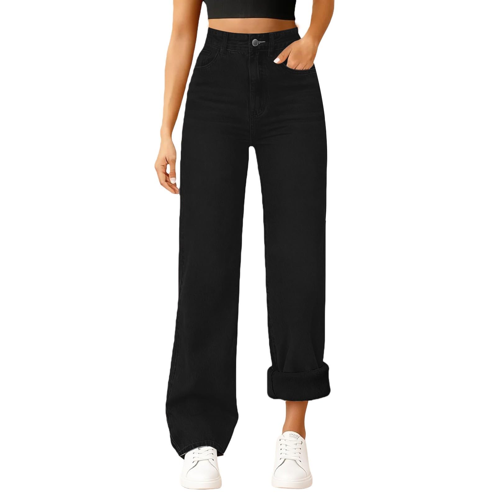 Generisch Jeans invernali termici da donna, imbottiti, baggy stretch a vita alta, pantaloni lunghi per il tempo libero, pantaloni in tessuto casual, comodi da jogging, autunno, pantaloni sportivi in