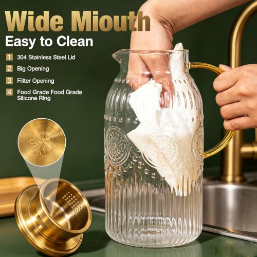 Image of Amzcku Glass Pitcher with Lid 68oz 2L Vintage Water Carafe Beverage 1Pack