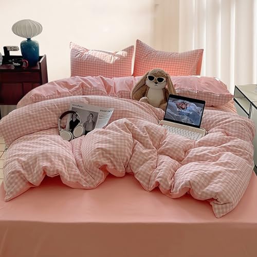 Image of Nayoroom Gingham Duvet Cover Queen Size Reversible Pink Plaid Checkered Duvet Cover 3 Pieces Soft Breathable Washed Microfiber Girls Dorm Bedding Set for All Seasons