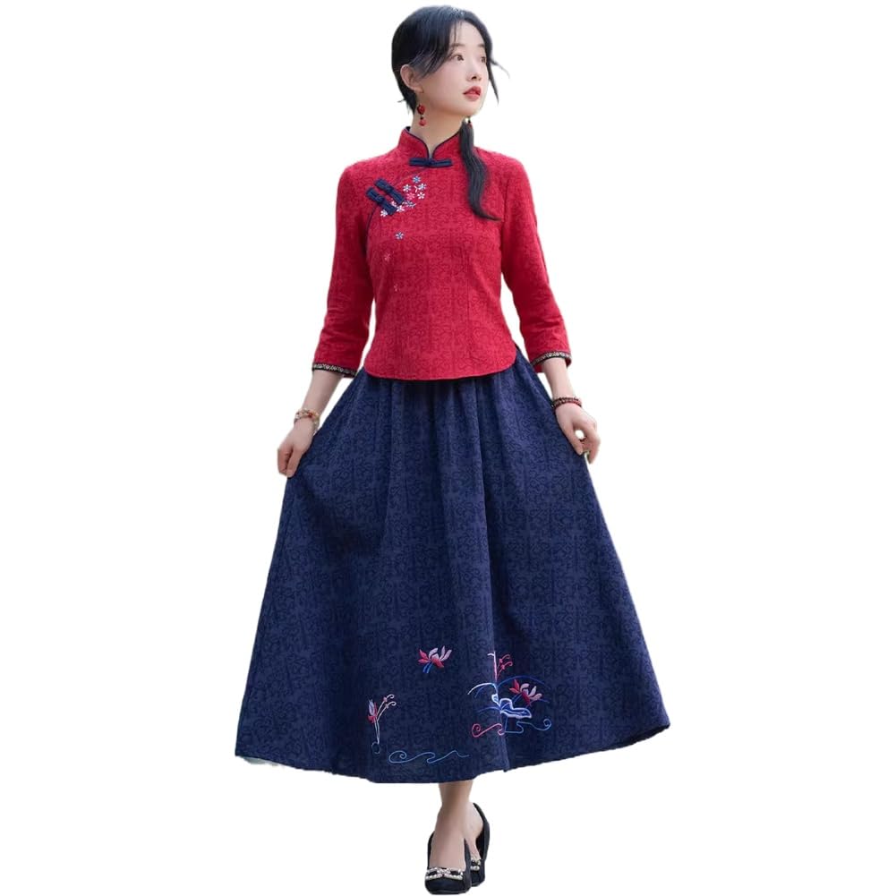 Autumn and Winter Chinese Style Retro of China Small top Cheongsam Slim Two Piece Suit S3 Red Skirt