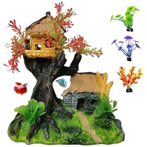 Hamiledyi 4PCS Aquarium Decoration, Fish Tank Artificial Resin Castle Ornaments, Betta Tank Landscape Decorations with Plastic Plants for Shrimp Fish Climbing Hiding