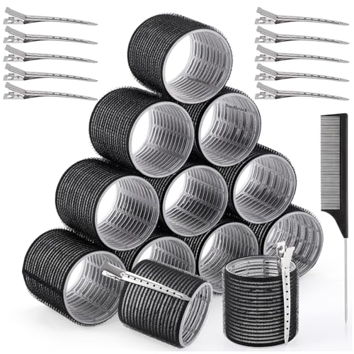 Jumbo Hair Curlers Rollers Set, 12Pcs 60mm Large Hair Rollers with Clips Comb for Women Long Thick Volume - Home Travel Hair Styling Accessories Gifts (Black)