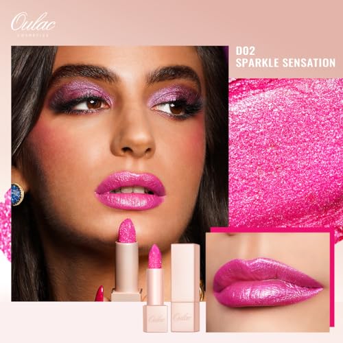 Oulac Bright Pink Glitter Lipstick, Moisture Tinted Lip Balm, Metallic Sparkly Finish, Dusky Rose Shiny lipstick - Image 2