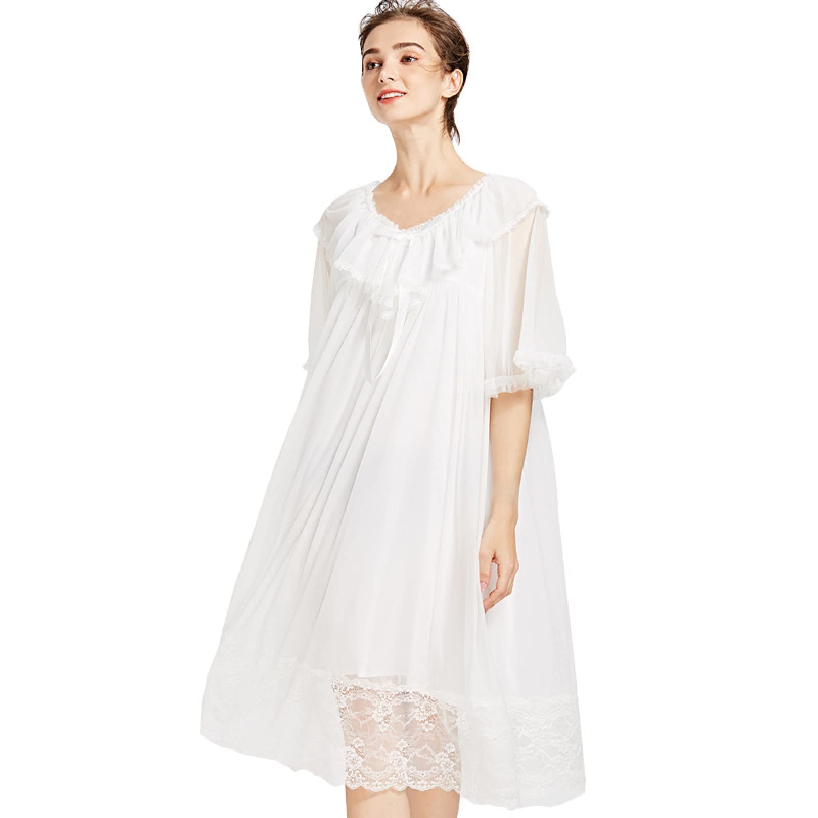 OFFSUM Camicia da Notte Donna - Estate Elegante Tinta Unita Girocollo Bowknot Camicia da Notte in Pizzo Maglia Manica Corta Camicia da Notte Principessa Carino Sexy Loungewear