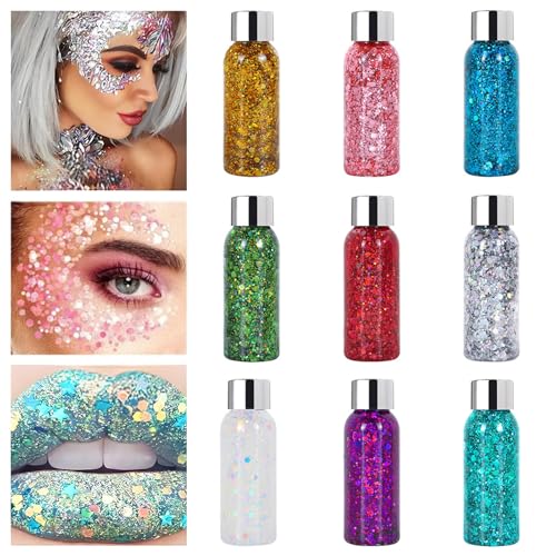 La Mejor Recopilación de Purpurina los más solicitados. 45 BUMOKO 9 PCS Brillos para el Cuerpo, Gel de Purpurina para Cuerpo y Rostro, para Maquillaje en Gel con Purpurina para Labios, Cabello, Ojos, Maquillaje de Festival y Decoración...