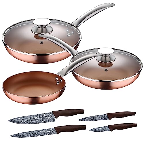 Imagen de San Ignacio Set 5pc sartenes 20,24,28 cm (con tapa) aluminio prensado inducción con Set 4pc cuchillos acero inoxidable