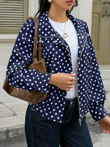 Image of Tankaneo Womens Zip Up Cropped Jackets Polka Dot Oversized Jackets Spring Lightweight Trendy Casual Coats