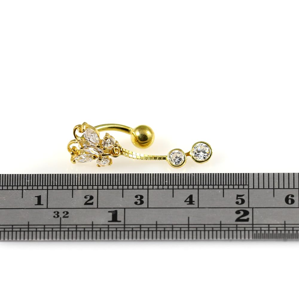 Monster Piercing Piercing para ombligo de oro amarillo macizo de 14 quilates con piedra circonita cúbica redonda en cadena colgante, calibre 14, joyería