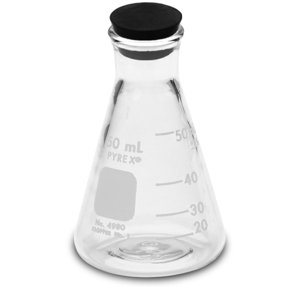 Corning Pyrex® #4980-50, 50ml Narrow Mouth Erlenmeyer Flask with Rubber Stopper (Pack of 12)