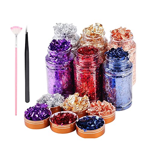 XUBX 6 Farbe Folien Nail Art Chip Glitter, Blattgold Glitzer Pailletten für Nägel, Blattgold Nailart Goldfolie mit Pinzette und Finger Cots, Nagelfolienaufkleber für DIY Nagel Kunst Dekorationen Cover