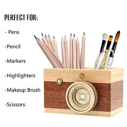 Vostor Zakka Camera Wooden Pencil Holder Desktop Pencil Holder Vintage Camera Decor Stationary Makeup Organizer Holder For Office Home, Back To School Gift For Photographers And Students #TOP3