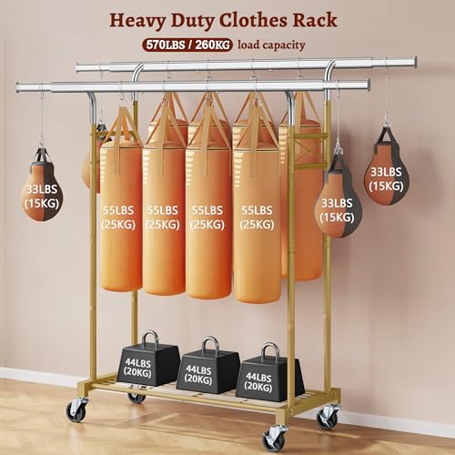 Porte-vêtements double barres extensible et mobile 129cm doré
