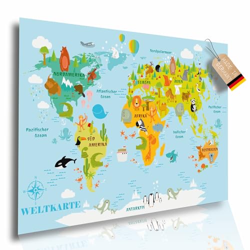Lineo® Bunte Weltkarte für Kinder XL Kinderweltkarte Poster; Lern- und...