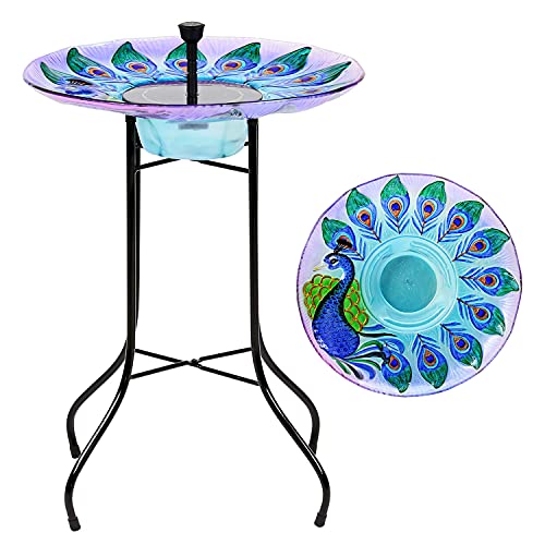 Taylor & Brown Solar Powered Glass Bird Bath Fountain Pond Décor Metal Stand Hand Painted Peacock...