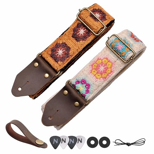 Image of Nefelibata Guitar Strap,Crazy Horse Leather Jacquard Embroidery Cotton Guitar Straps for Bass, Electric & Acoustic, Best Gifts for Guitarists(Retro White Multi Flower)