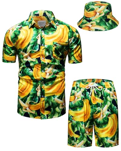 TUNEVUSE Herren Hawaiihemd und Shorts Set, 2-teiliges tropisches Set, Blumen Bedruckte Knopf Strand Set mit Hut Gelb Klein