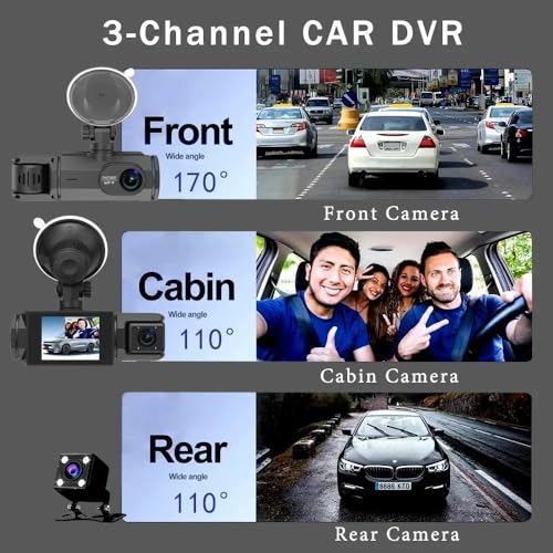Image of Triplex 1080P 3 Channel Dash Cam WiFi Built-in G-Sensor, Front and Rear Inside Loop Recording, Triple Car Dash Camera, IR Night View, 24H Parking Monito