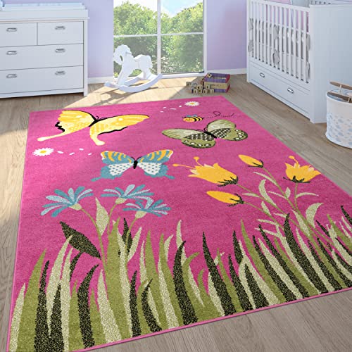 Paco Home Kinderteppich Kinderzimmer Spielteppich Kurzflor Schmetterlinge Blumen In Pink,...